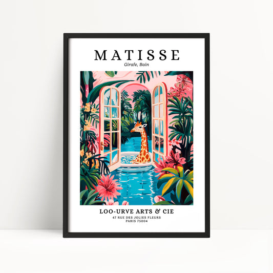 The image is a framed poster featuring an illustration of a giraffe in a tropical setting, surrounded by colorful flowers and foliage.