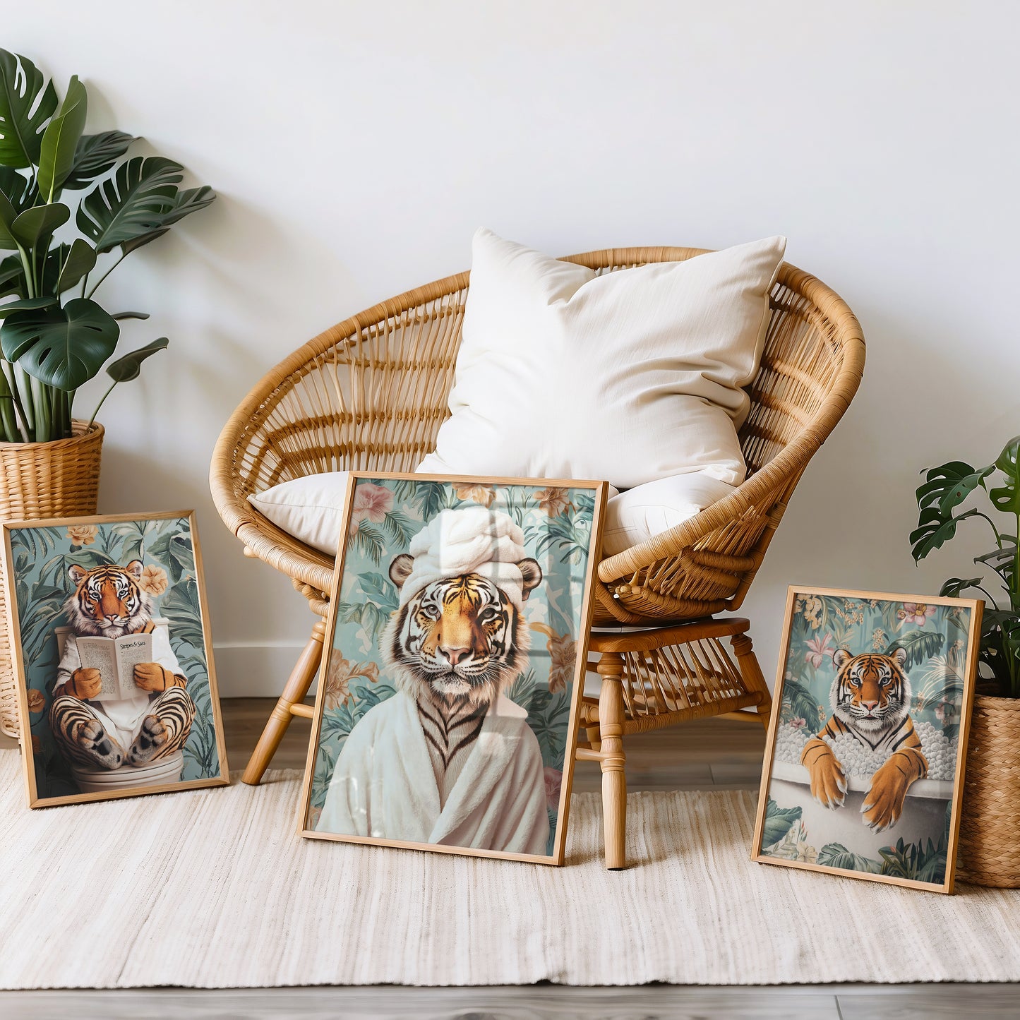 a wicker chair sitting next to a bunch of pictures