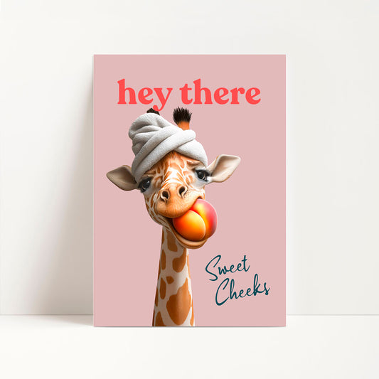 a card with a picture of a giraffe wearing a hat