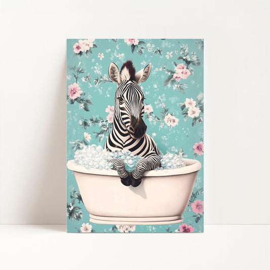 a zebra sitting in a bathtub with flowers on the wall