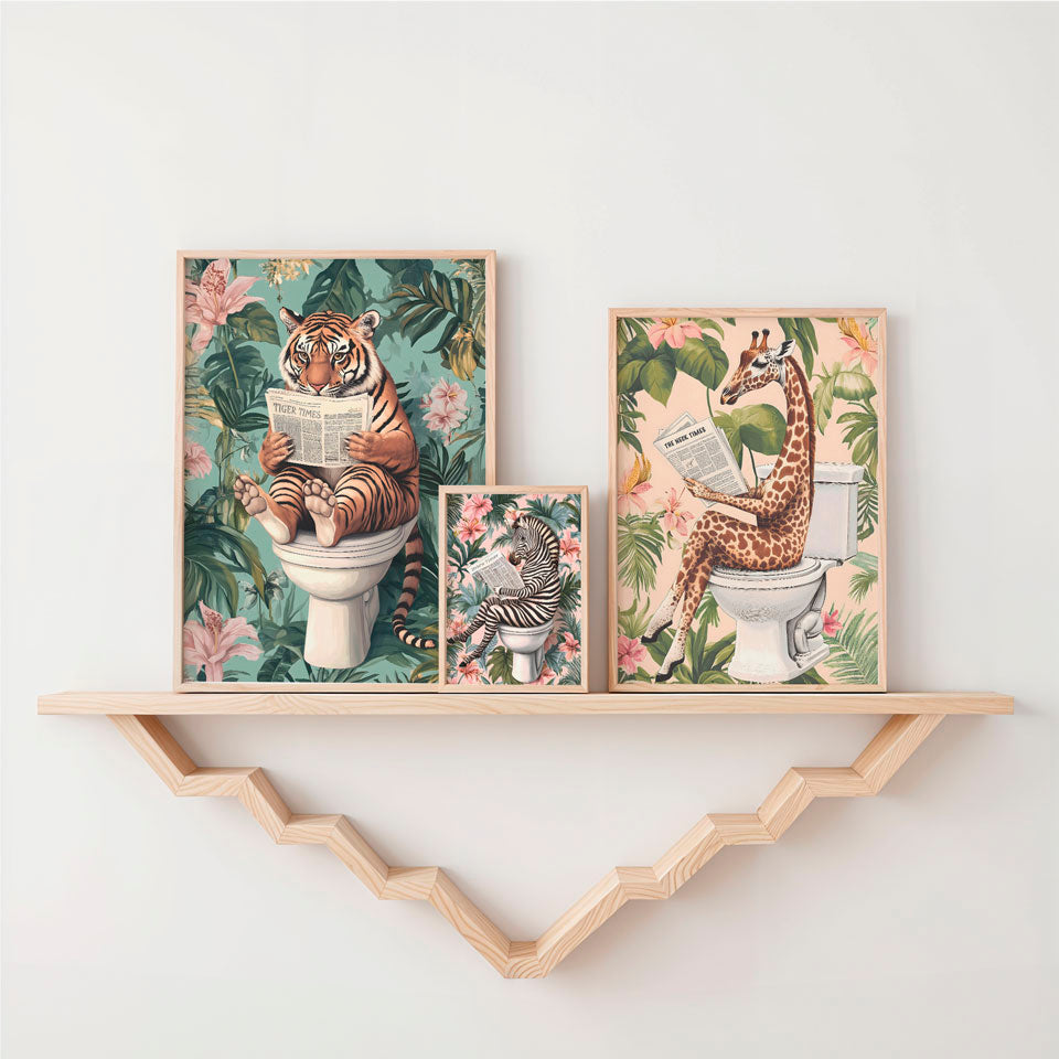 a shelf with two pictures of animals on it