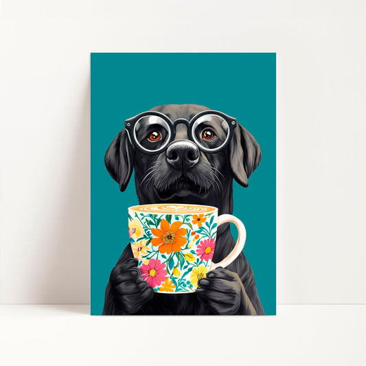 a painting of a dog wearing glasses holding a coffee cup