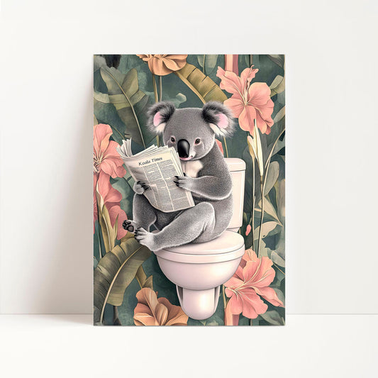 a koala sitting on a toilet reading a newspaper