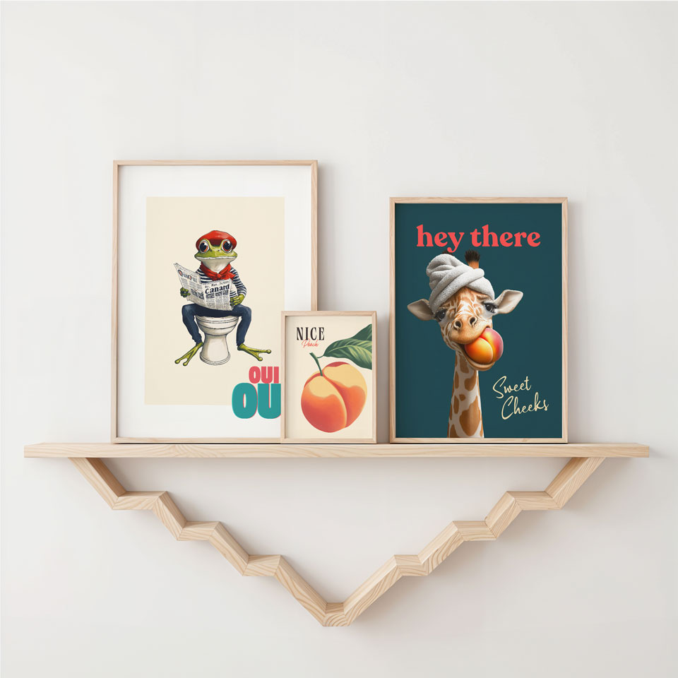 a shelf with a couple of pictures on it