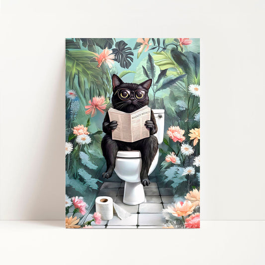 a black cat sitting on top of a toilet reading a book