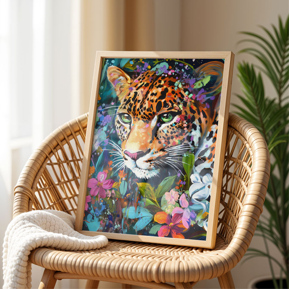 a painting of a tiger on a wicker chair