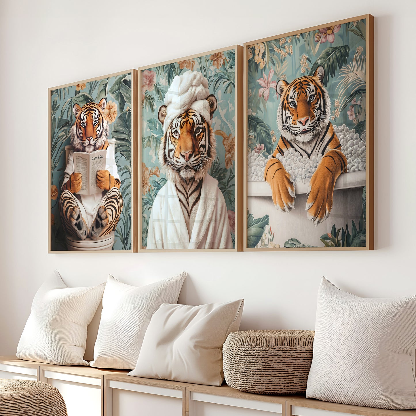 three paintings of tigers on a wall in a living room