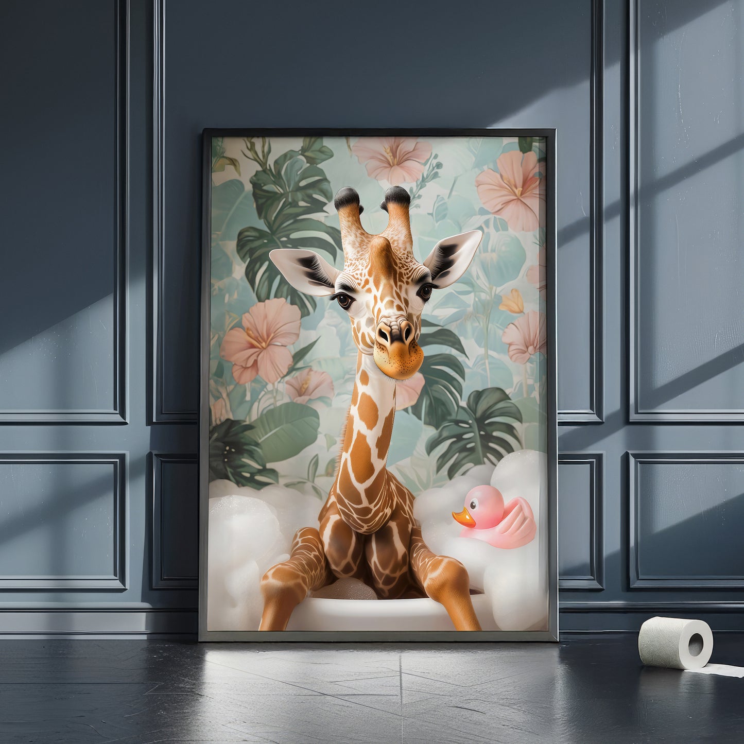 a picture of a baby giraffe sitting in front of a flowered wall