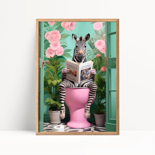 A zebra is sitting on a pink toilet, reading a book, surrounded by pink flowers and green plants in a whimsical, artistic scene.
