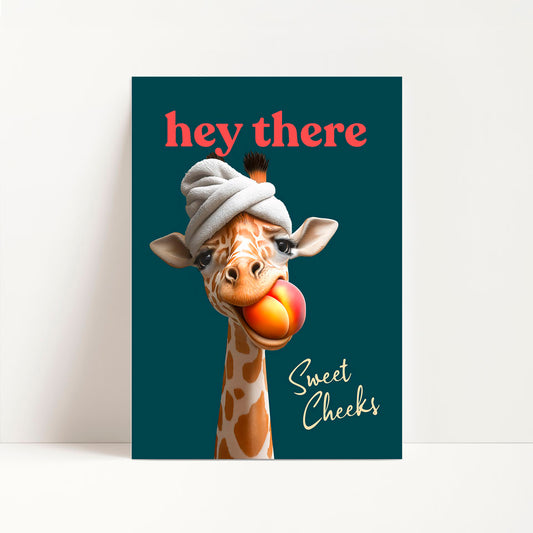 a poster of a giraffe with a ball in its mouth