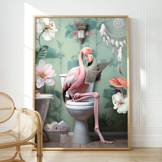 a pink flamingo sitting on a toilet reading a magazine