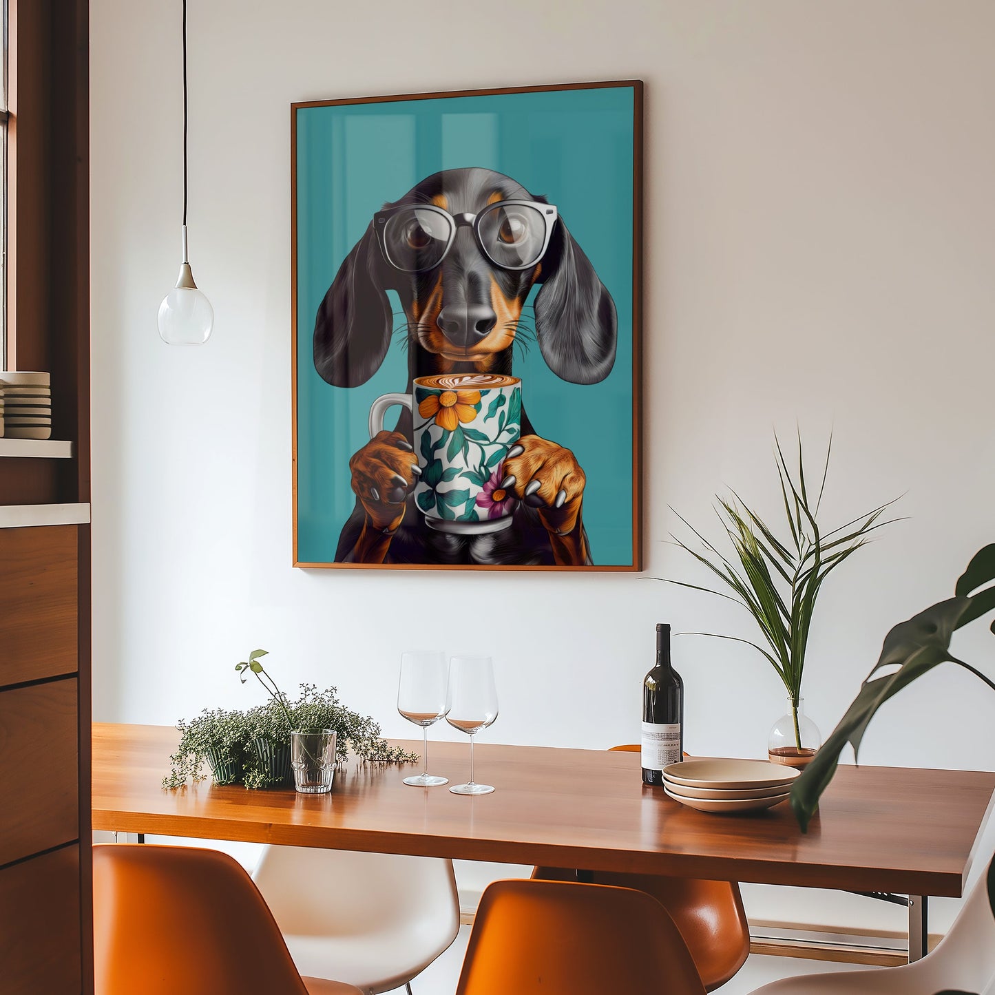 a painting of a dachshund dog with a cup of coffee