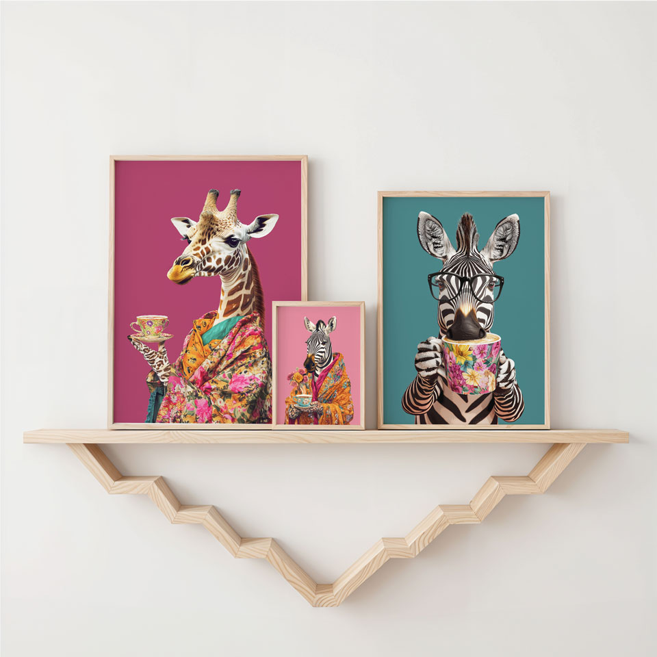 two giraffes and a zebra on a shelf
