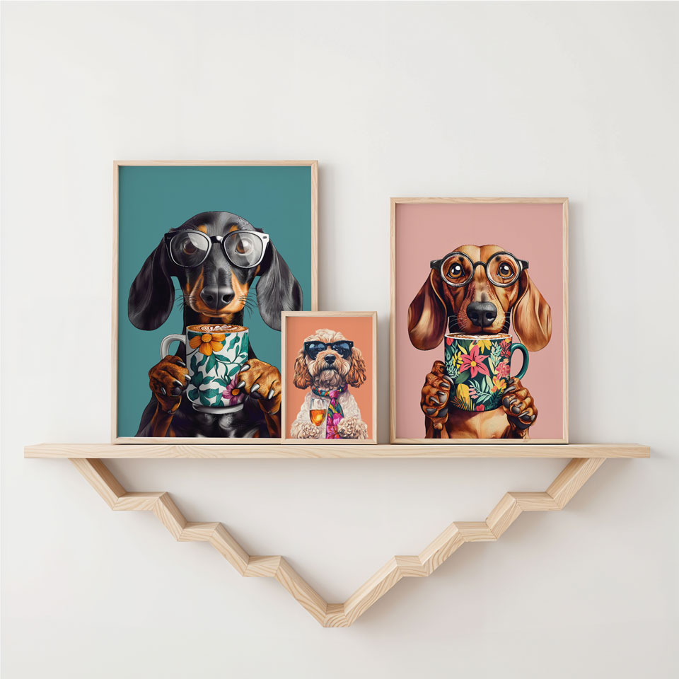 three framed pictures of dogs on a shelf