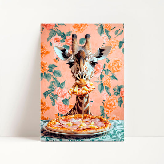 a painting of a giraffe eating a pizza