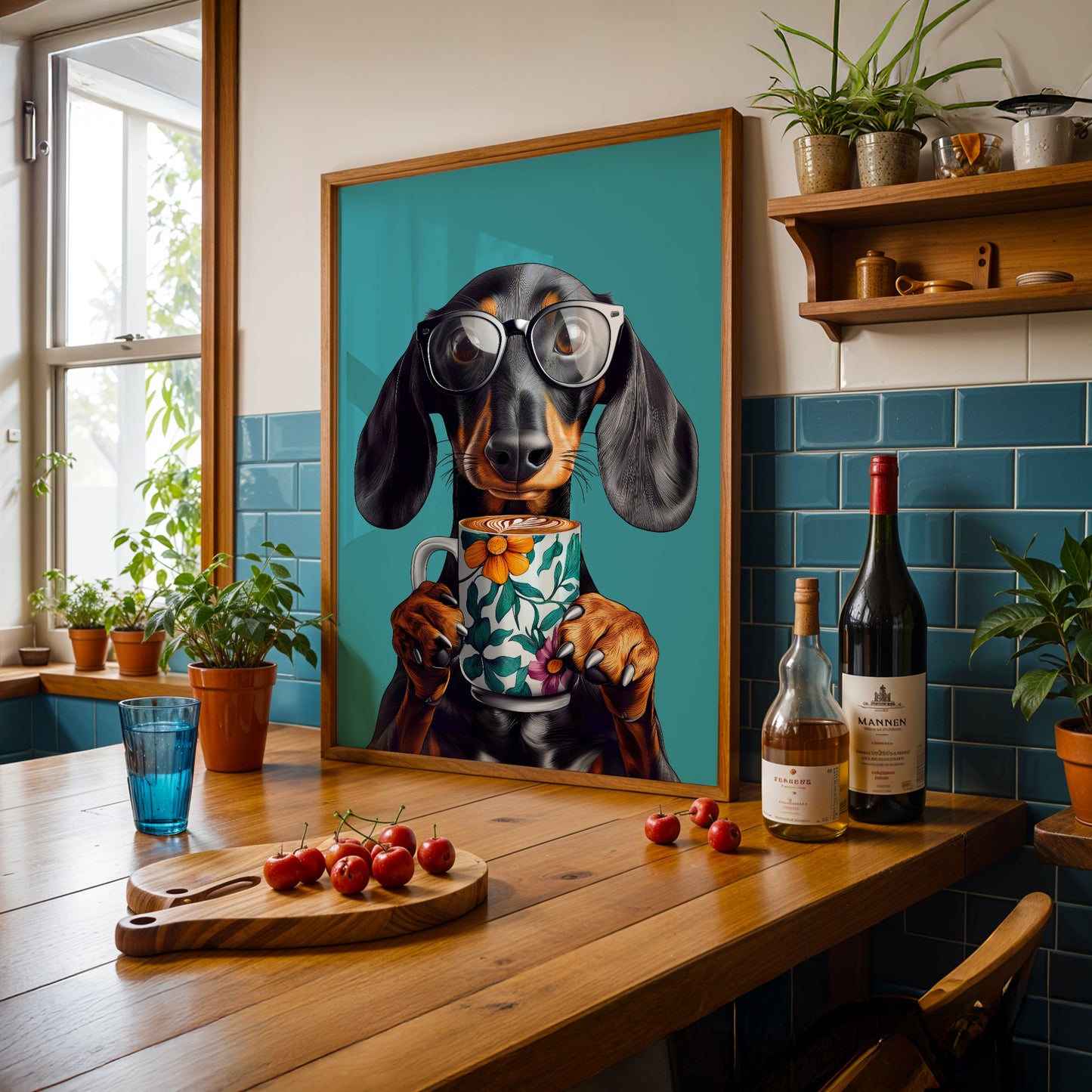 a painting of a dachshund holding a cup of coffee