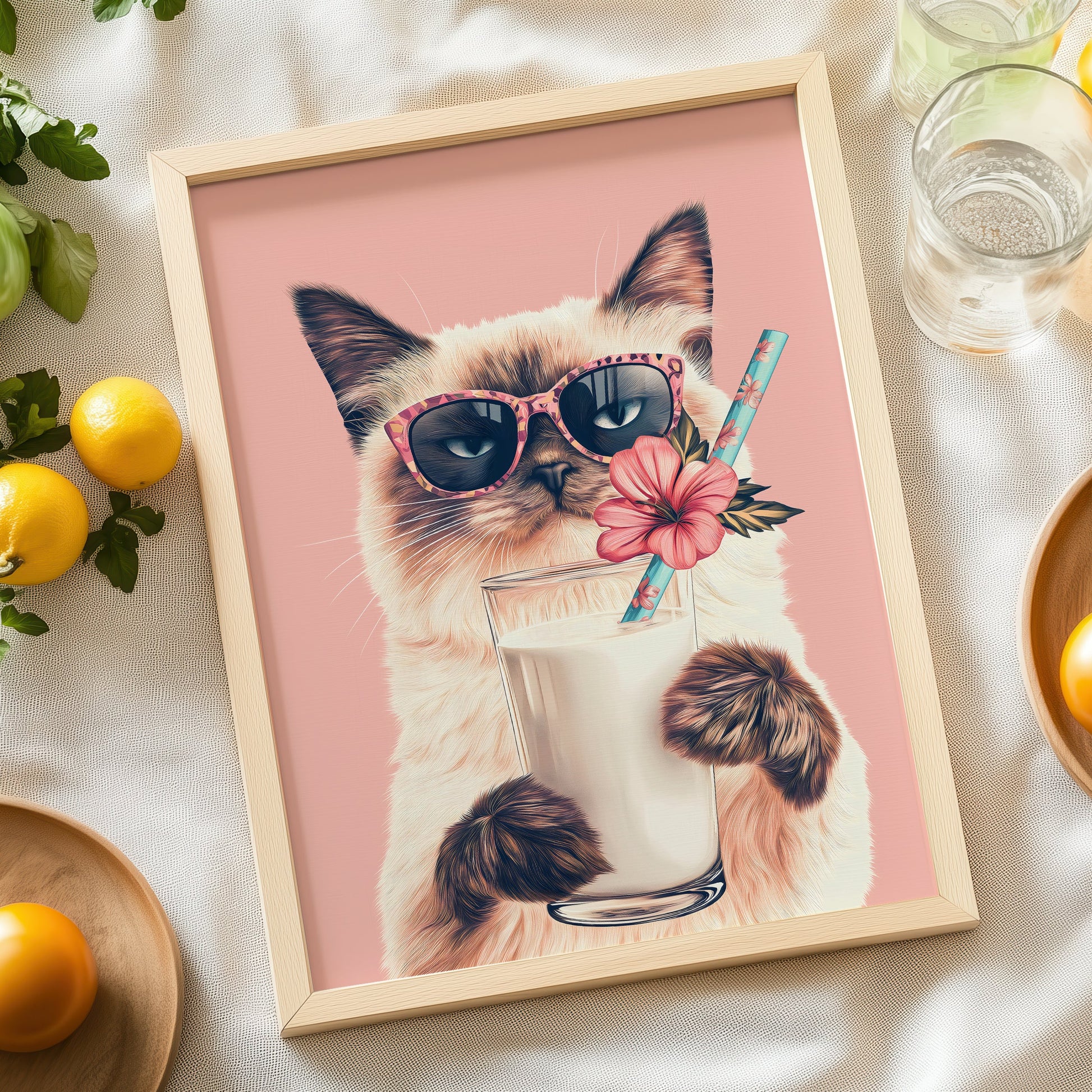 a picture of a cat with sunglasses and a drink