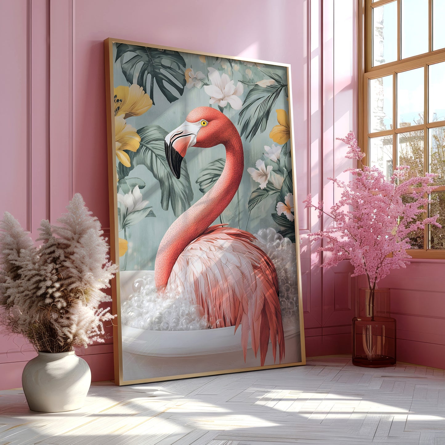 a picture of a flamingo in a pink room