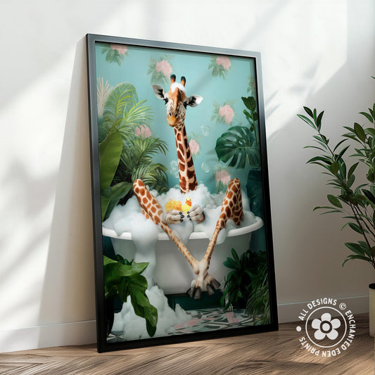 Funny Giraffe in Bath Tub Poster – Tropical Bathroom Wall Art