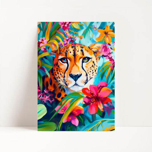 a painting of a leopard surrounded by flowers