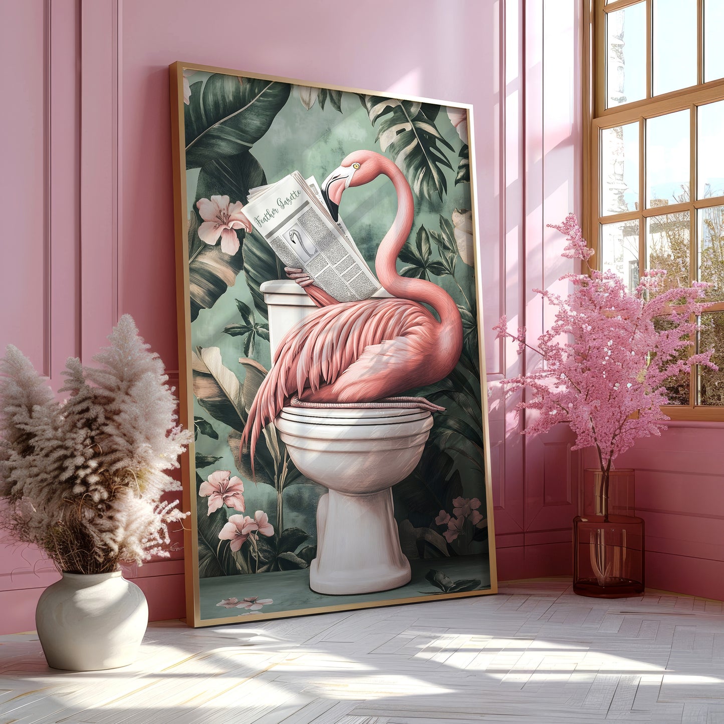 a painting of a pink flamingo sitting on a toilet