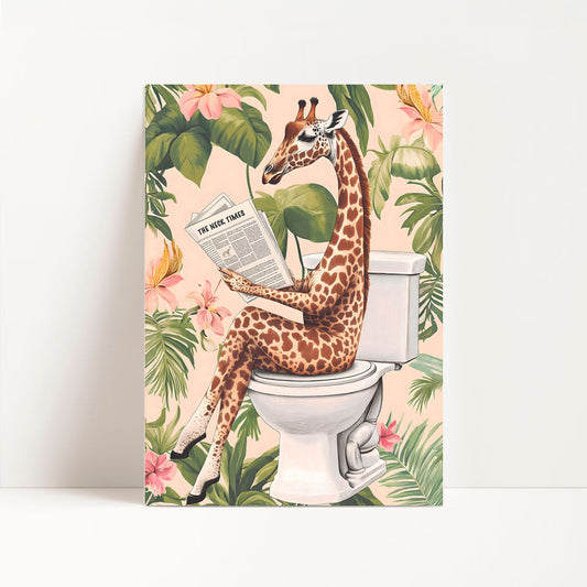 a giraffe sitting on a toilet reading a book