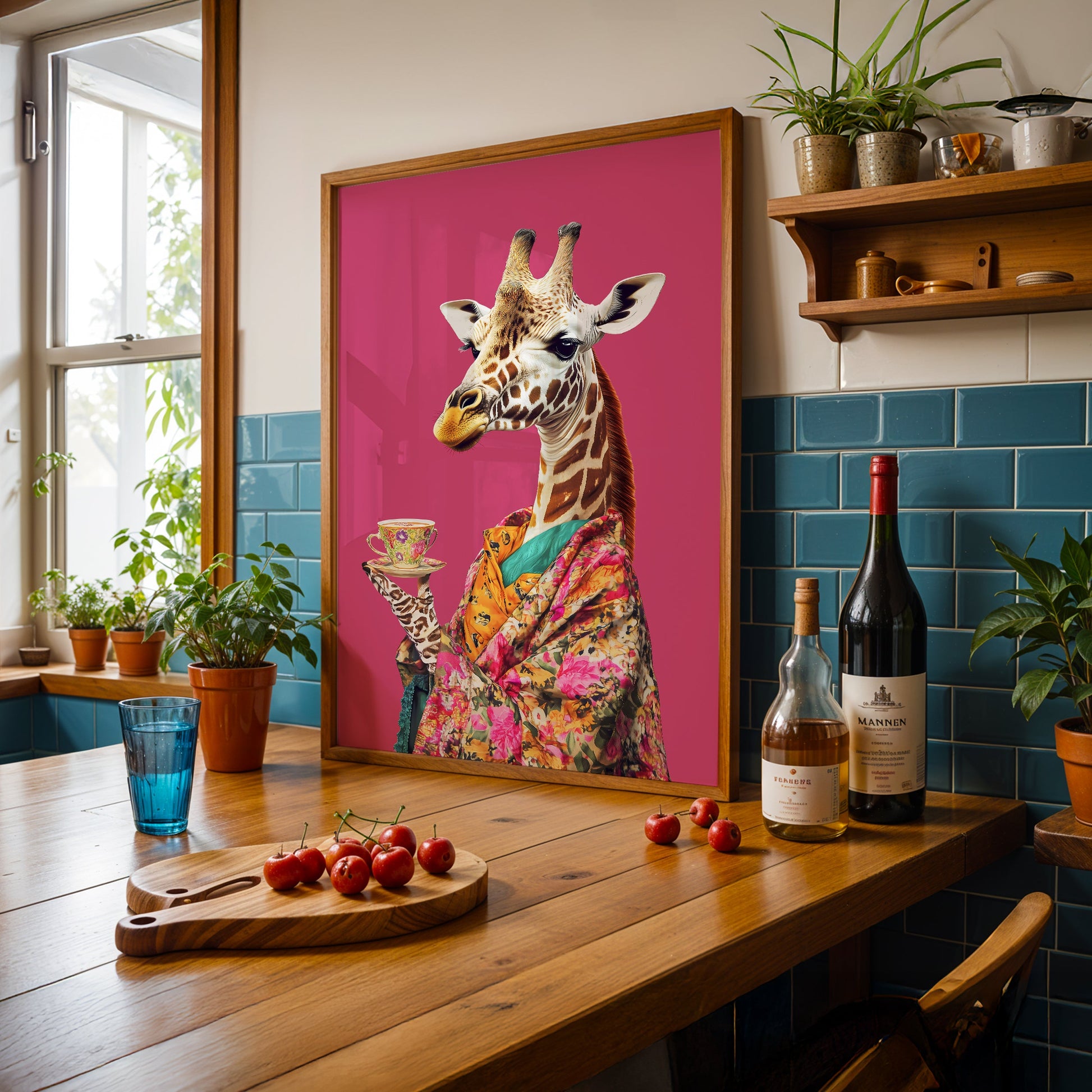 a picture of a giraffe with a glass of wine on a table