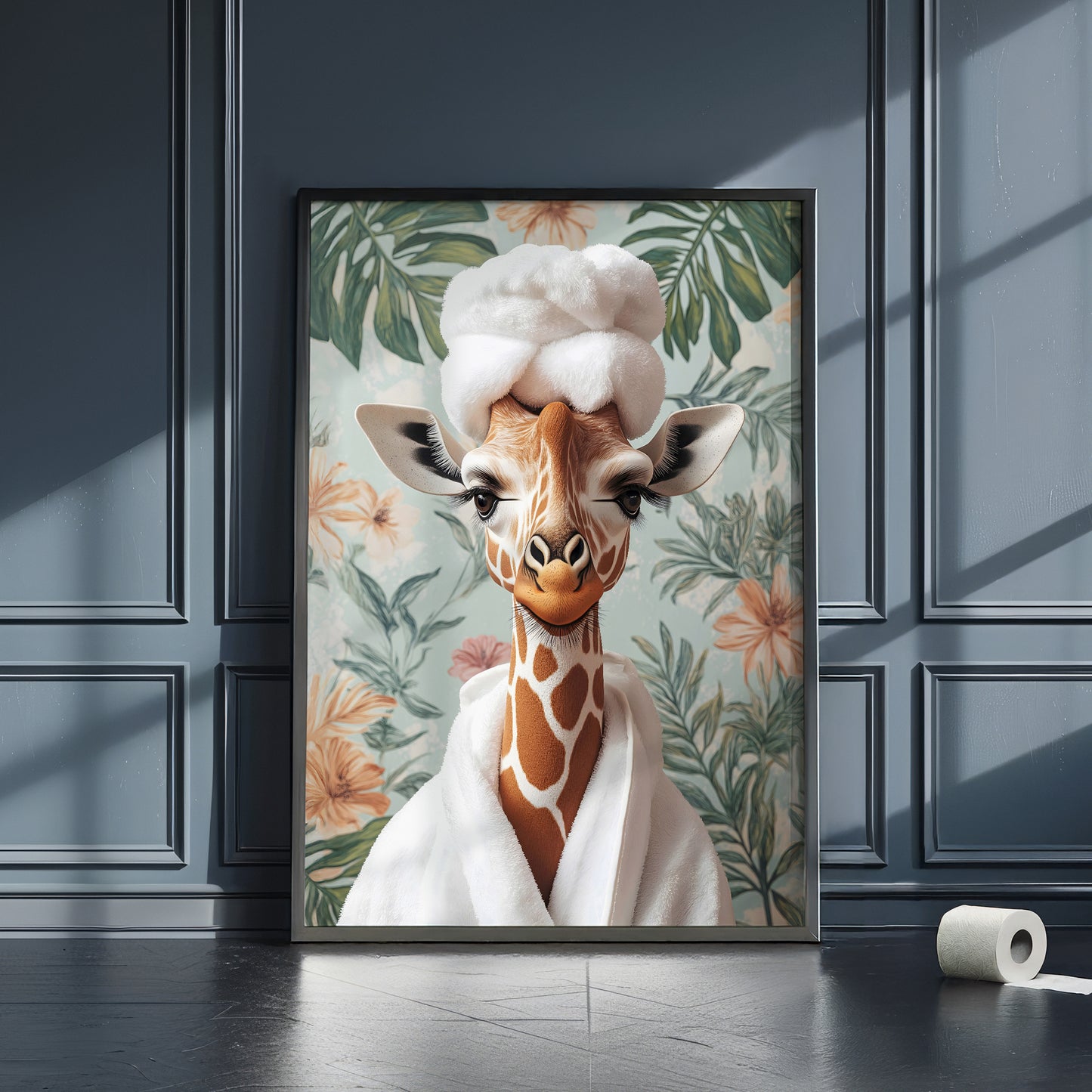 Giraffe in Robe Bathroom Print