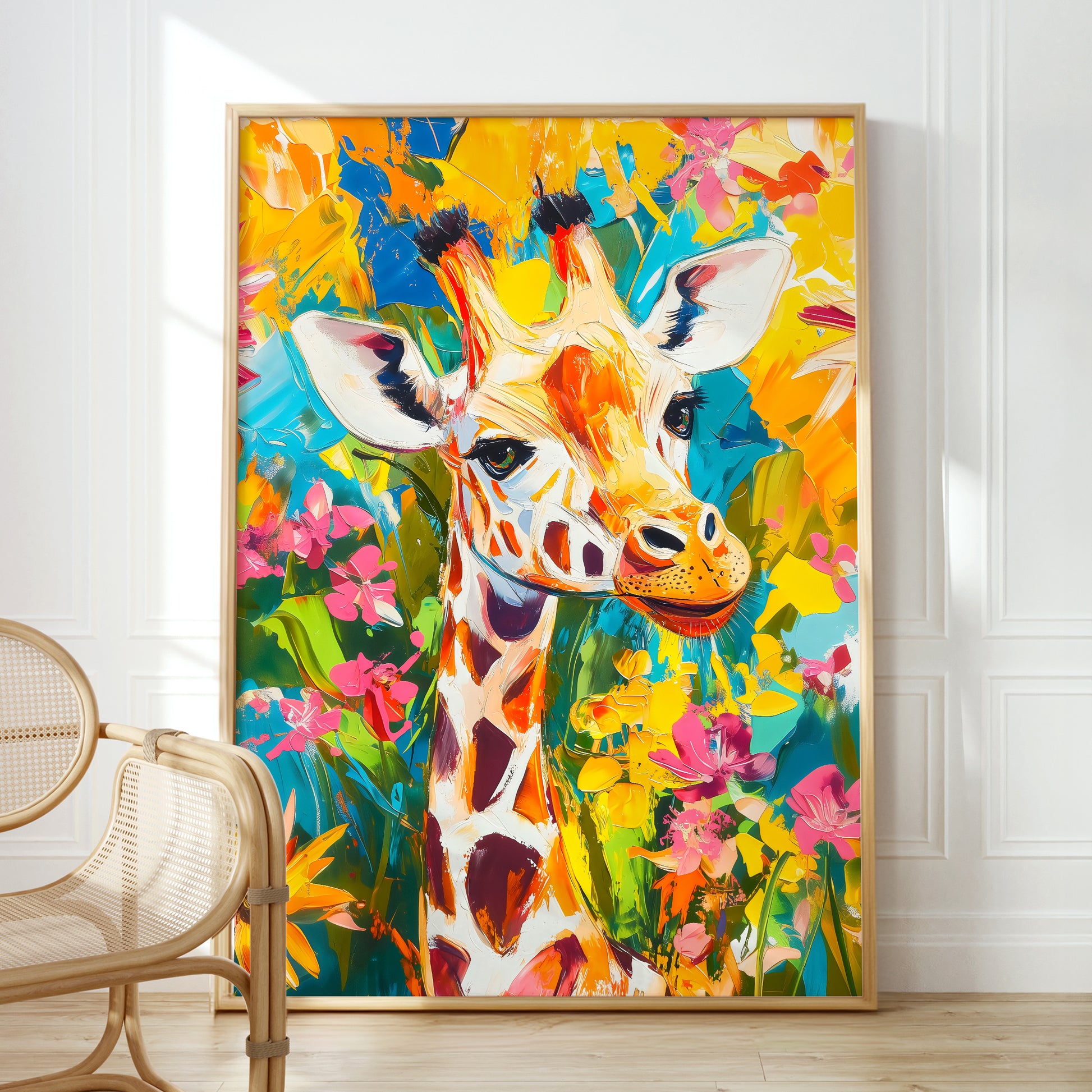 a painting of a giraffe in a room