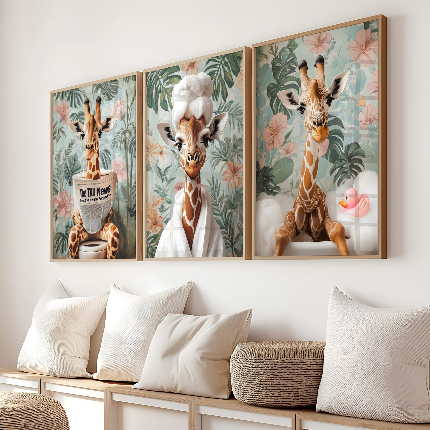 a couple of giraffes are hanging on a wall