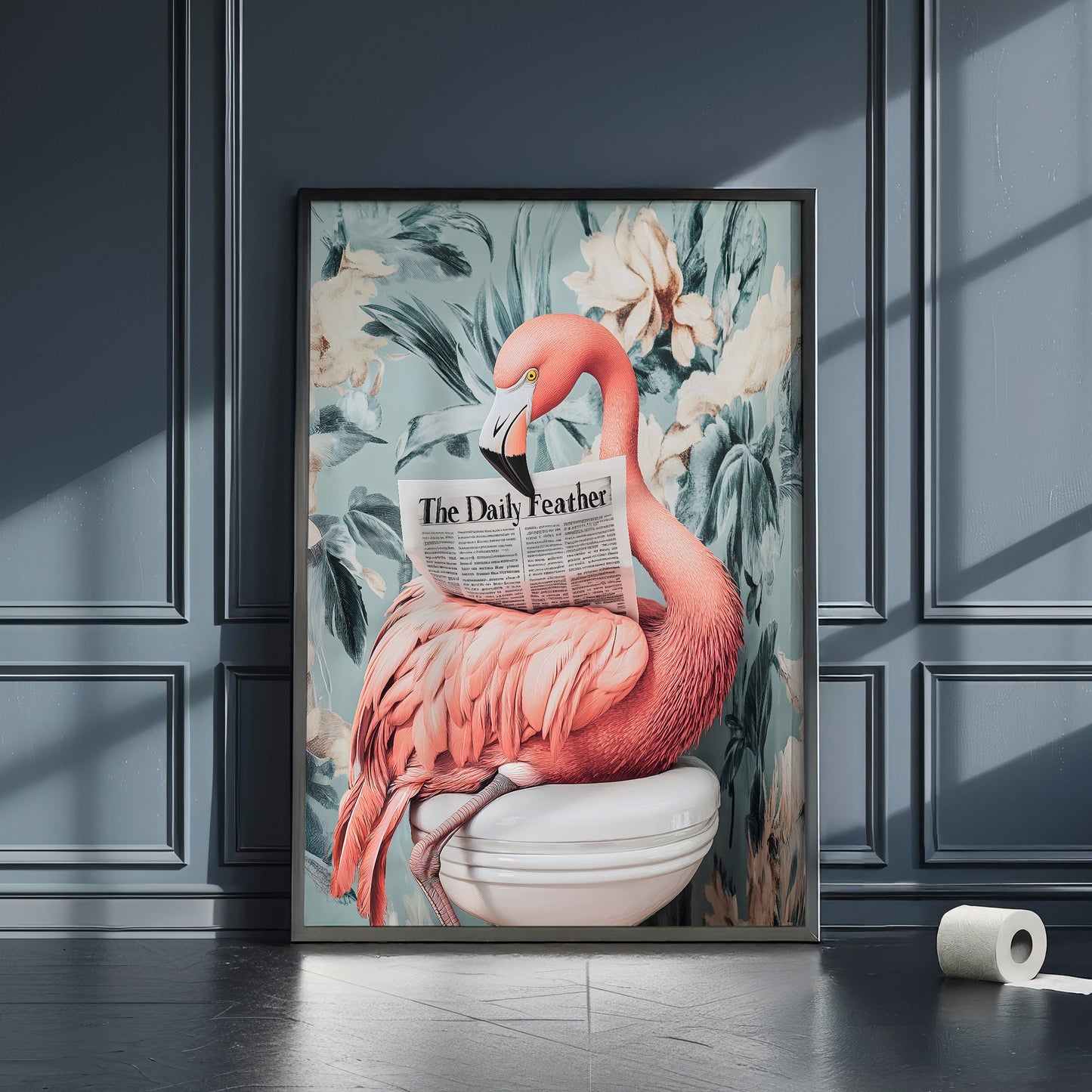 a picture of a pink flamingo sitting on a toilet