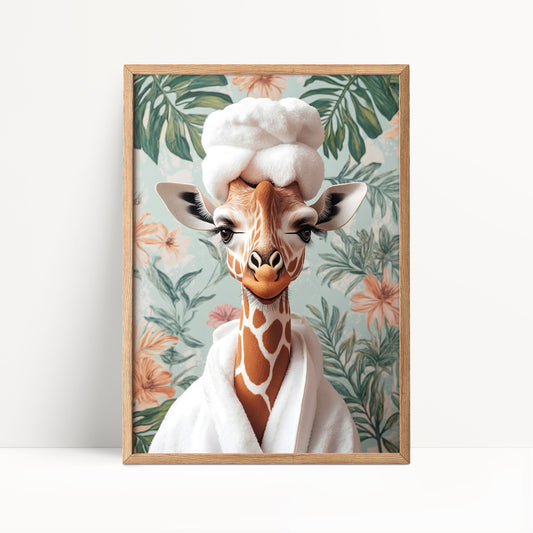 A giraffe wearing a white bathrobe and a fluffy white hat, with a tropical floral background.