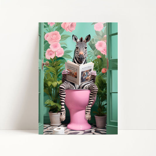 a zebra sitting on a pink toilet reading a magazine
