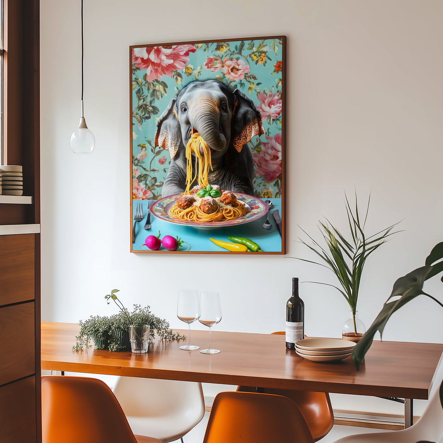 a painting of an elephant eating spaghetti on a table