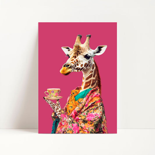 a giraffe with a cup and saucer on a pink background