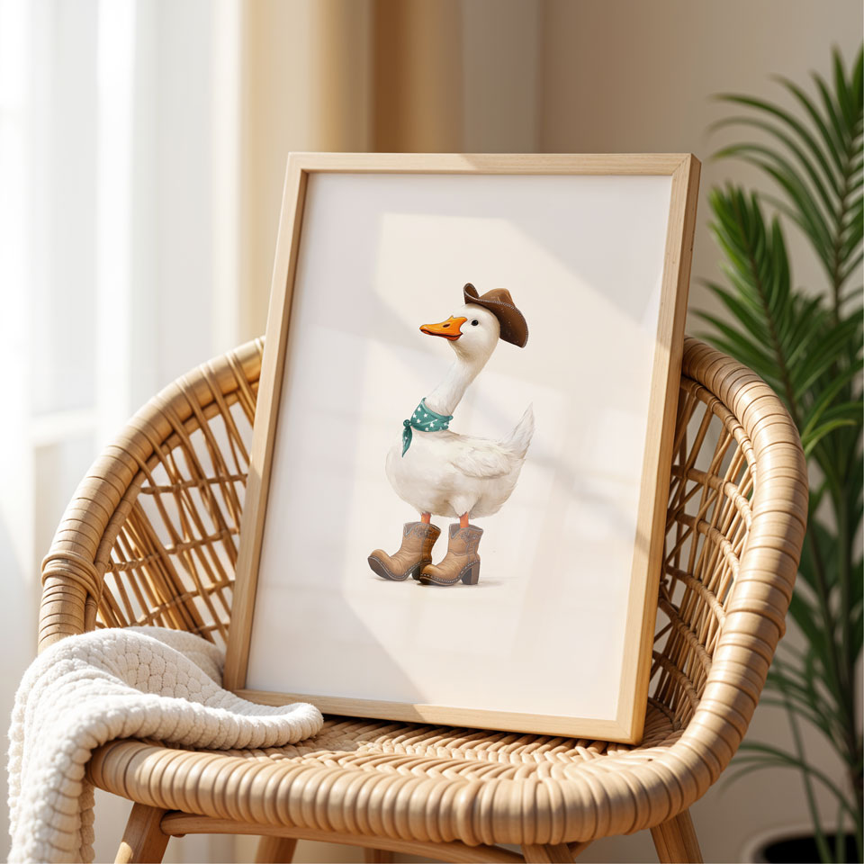 a picture of a duck with a hat and boots