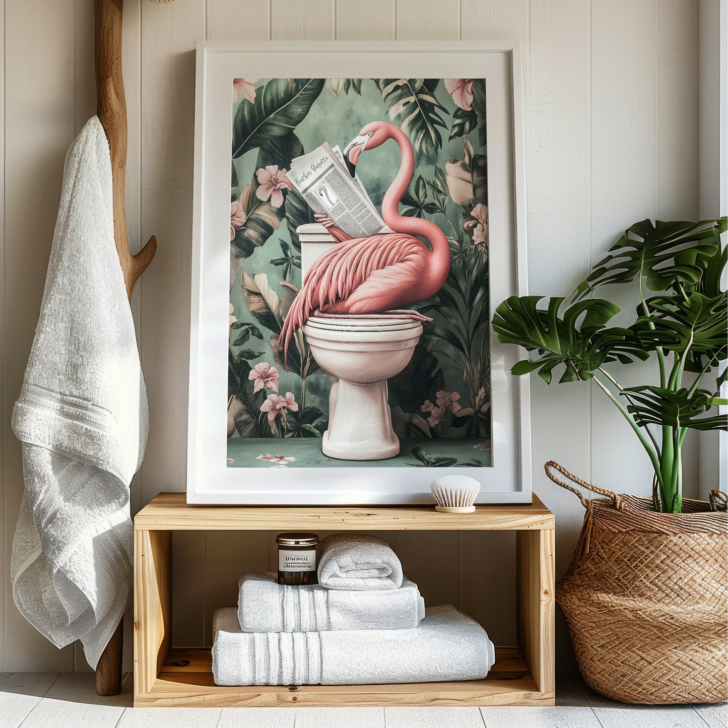 a picture of a pink flamingo sitting on a toilet