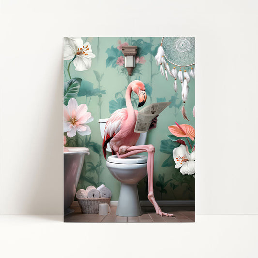 a pink flamingo sitting on top of a toilet