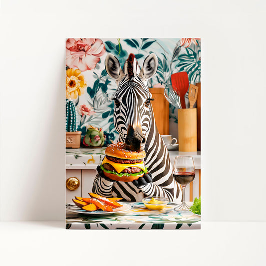 a picture of a zebra eating a hamburger