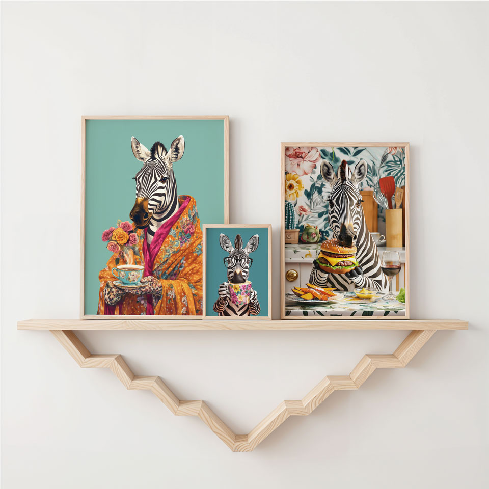 a couple of zebras are on a shelf