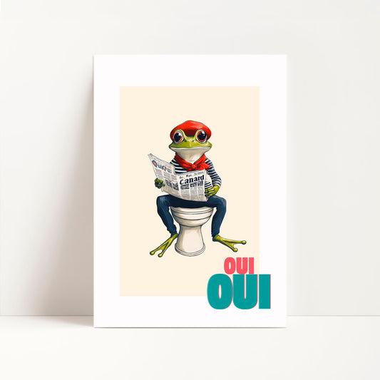 a frog sitting on a toilet reading a newspaper
