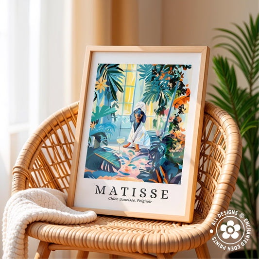 A framed print of a colorful illustration depicting a person in a tropical setting, with palm trees and other foliage surrounding them.