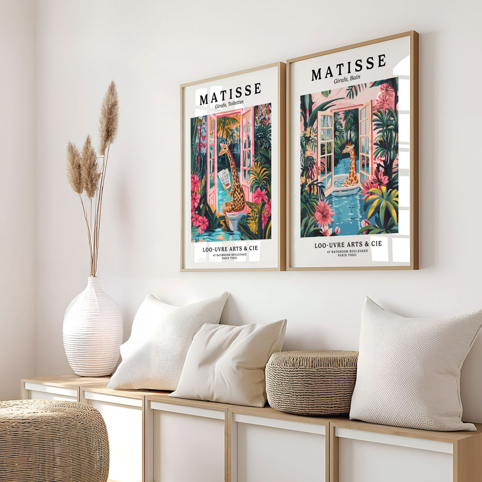 a couple of pictures hanging on the side of a wall