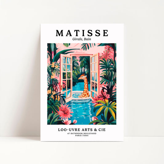 a poster of a giraffe in a tropical setting