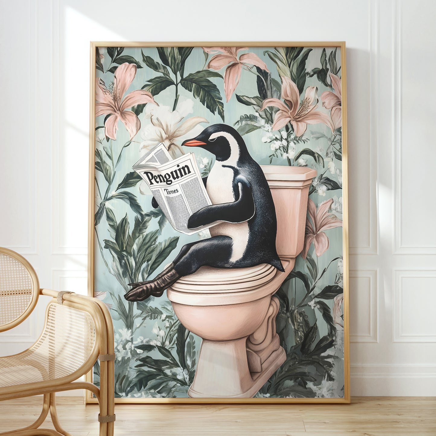 a penguin sitting on a toilet reading a magazine