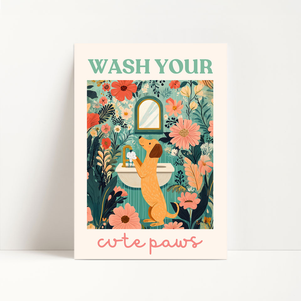 a card with a picture of a dog in a bathroom surrounded by flowers