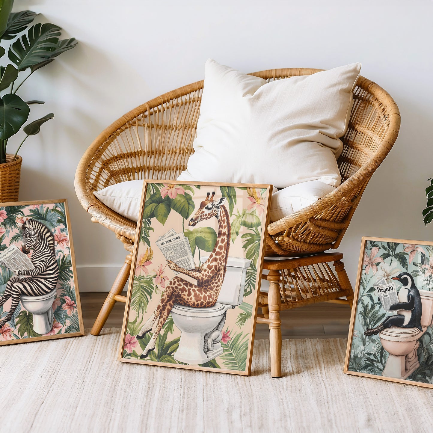 a wicker chair sitting next to three framed pictures