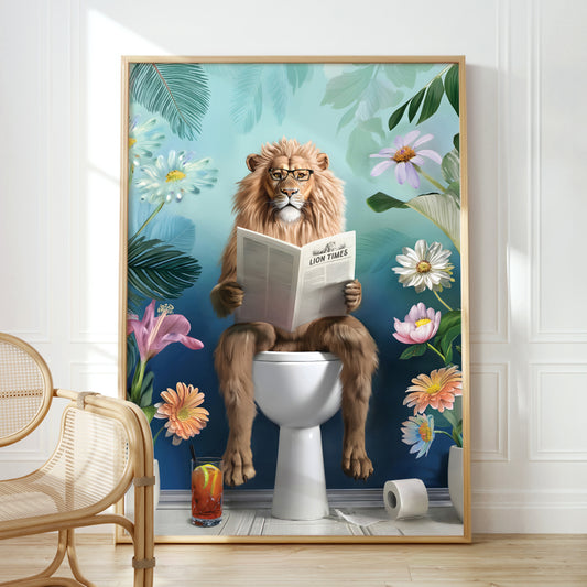 a painting of a lion sitting on a toilet reading a book