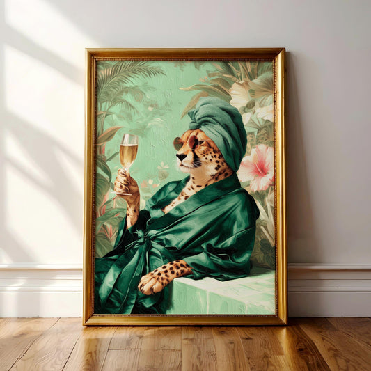 A framed painting depicting a leopard wearing a green robe and holding a glass of wine, surrounded by tropical foliage.