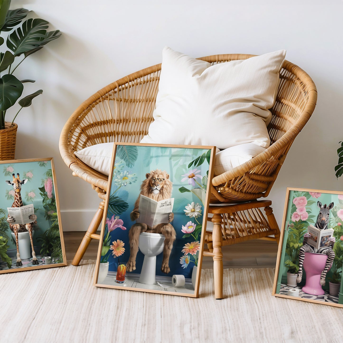 a wicker chair sitting next to a bunch of pictures